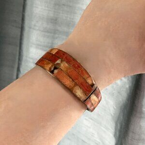 Vintage Brass Cuff Bracelet, Apple Coral Inlay, Southwestern, Artisan made